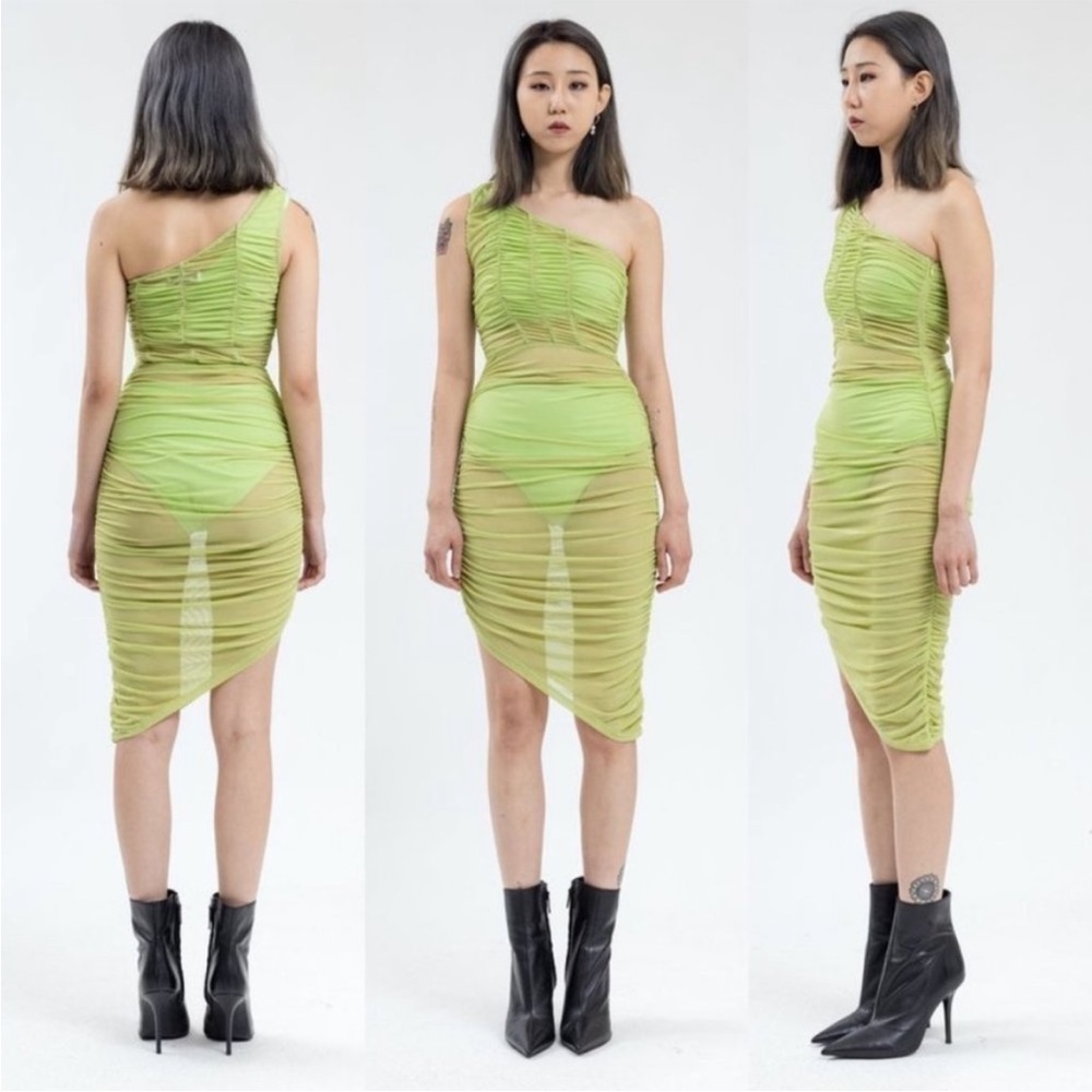 Danielle Guizio- Lime Green One Shoulder Asymmetrical Ruched Midi Dress Size S
